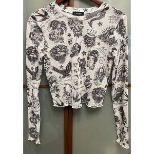 Ed Hardy Vintage Mesh Sheer Long Sleeve Top Skull Rose Tattoo Graphic AOP Size M